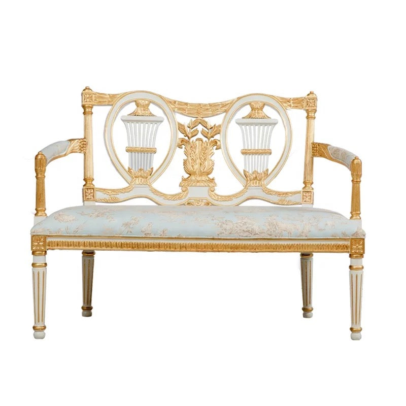 Baroque Double Bench Chair - Carved Armrest, Silk Upholstery