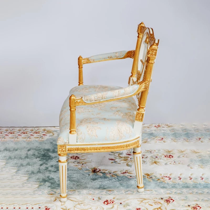 Baroque Double Bench Chair - Carved Armrest, Silk Upholstery