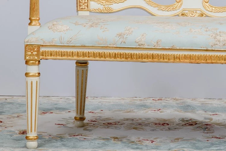 Baroque Double Bench Chair - Carved Armrest, Silk Upholstery