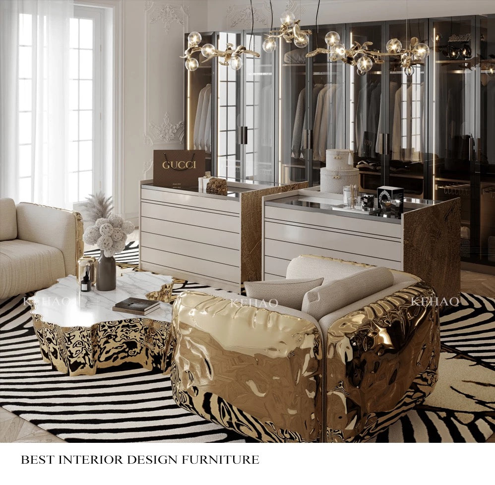 Classic Italian Office Luxury Armchair, Genuine Leather Gold Accent Chair