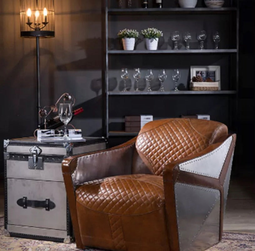 Modern Aviation Leisure Cigar Armchair, Genuine Leather & Aluminum Accent Chair