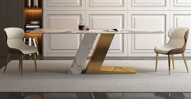 Dining Tables Sets Luxury Rock Slab Esstisch-Set Stainless Steel Golden Frame Faux Marble Top Tabels