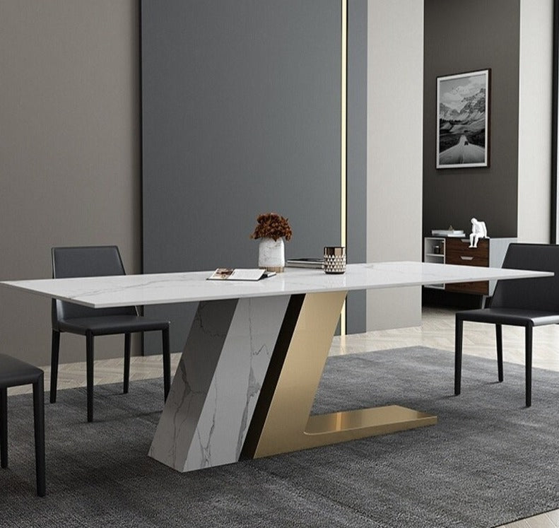 Luxury Marble-Textured Dining Table - Stainless Steel with Titanium Seal Glaze Base