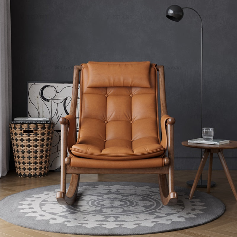 Rocking Chair Nordic Solid Wood Leather Schaukelstühle Single Designer Lounge Chair