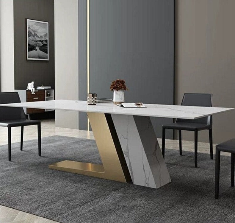 Luxury Marble-Textured Dining Table - Stainless Steel with Titanium Seal Glaze Base