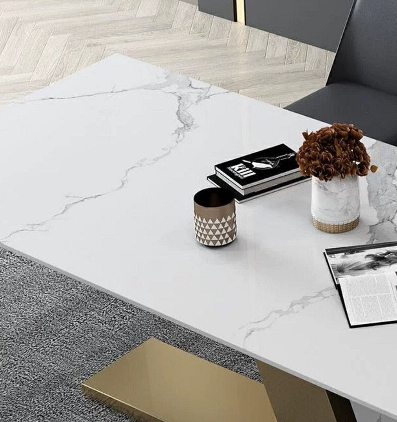 Luxury Marble-Textured Dining Table - Stainless Steel with Titanium Seal Glaze Base
