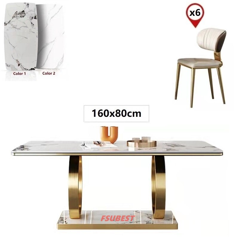 Luxury Gold Rectangle Stone Marble Dining Table Set 4/6/8-Seater - Modern Stainless Steel Base