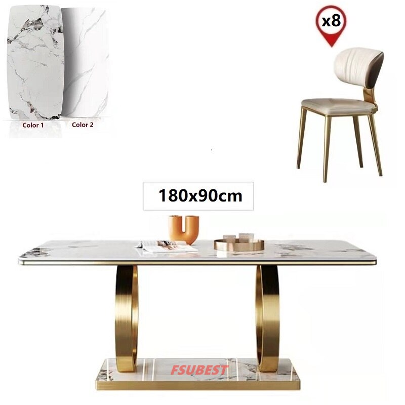 Luxury Gold Rectangle Stone Marble Dining Table Set 4/6/8-Seater - Modern Stainless Steel Base