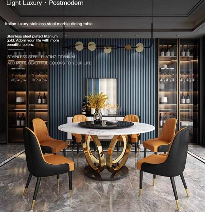 Dining Tables Sets Italian Luxury Round Marble Stainless Steel Gold Plating Base Esstisch-Set