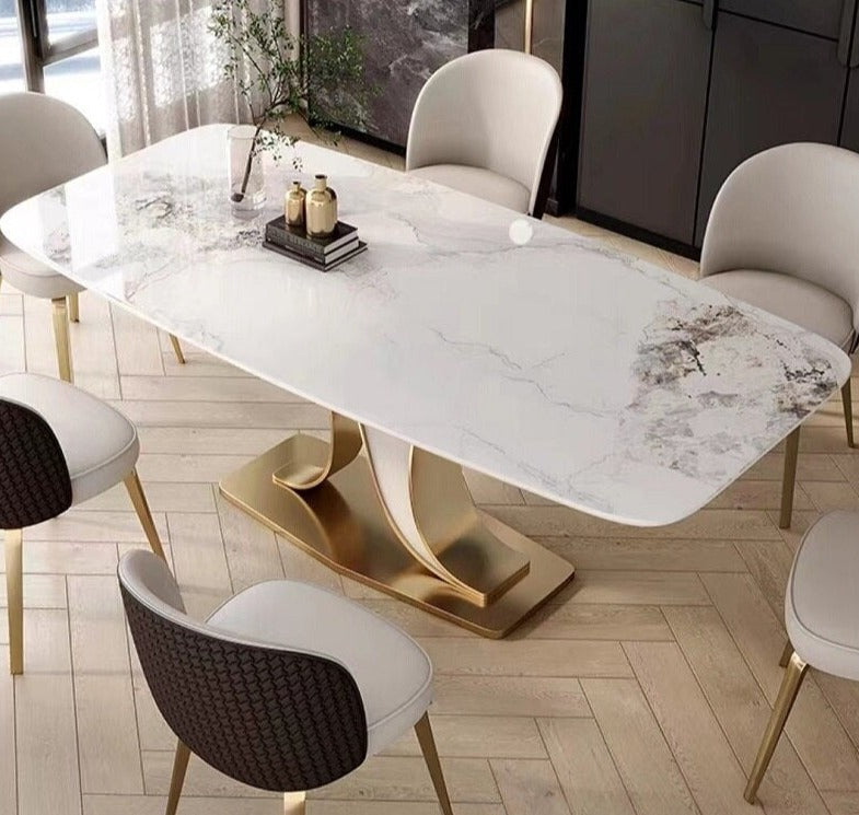 Dining Table Set Luxury Rock Slab Esstisch-Set Stainless Steel Gold Plating Base Tables Sets