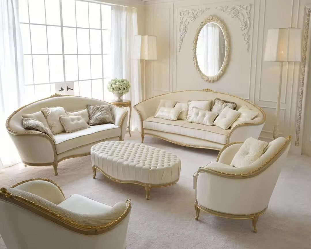 3 Seater Sofa Gold White Painted Birch French Baroque Design Solid Wood Sofas Living Room Furniture