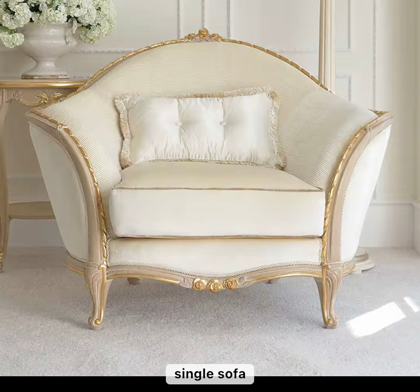 3 Seater Sofa Gold White Painted Birch French Baroque Design Solid Wood Sofas Living Room Furniture