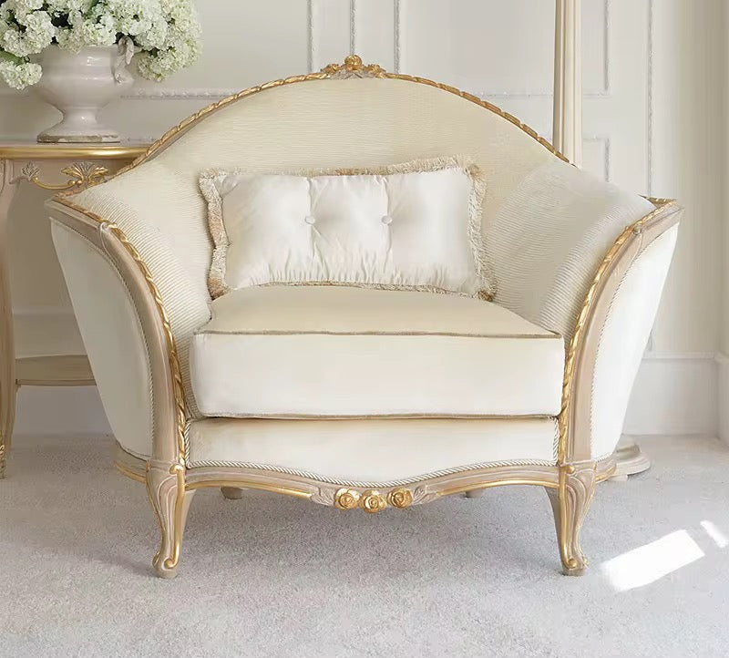 3 Seater Sofa Gold White Painted Birch French Baroque Design Solid Wood Sofas Living Room Furniture