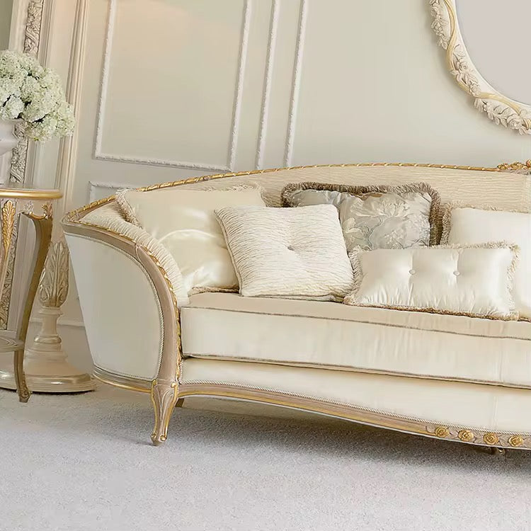 3 Seater Sofa Gold White Painted Birch French Baroque Design Solid Wood Sofas Living Room Furniture