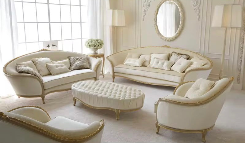 3 Seater Sofa Gold White Painted Birch French Baroque Design Solid Wood Sofas Living Room Furniture