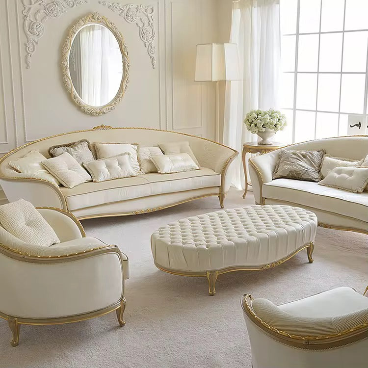 3 Seater Sofa Gold White Painted Birch French Baroque Design Solid Wood Sofas Living Room Furniture