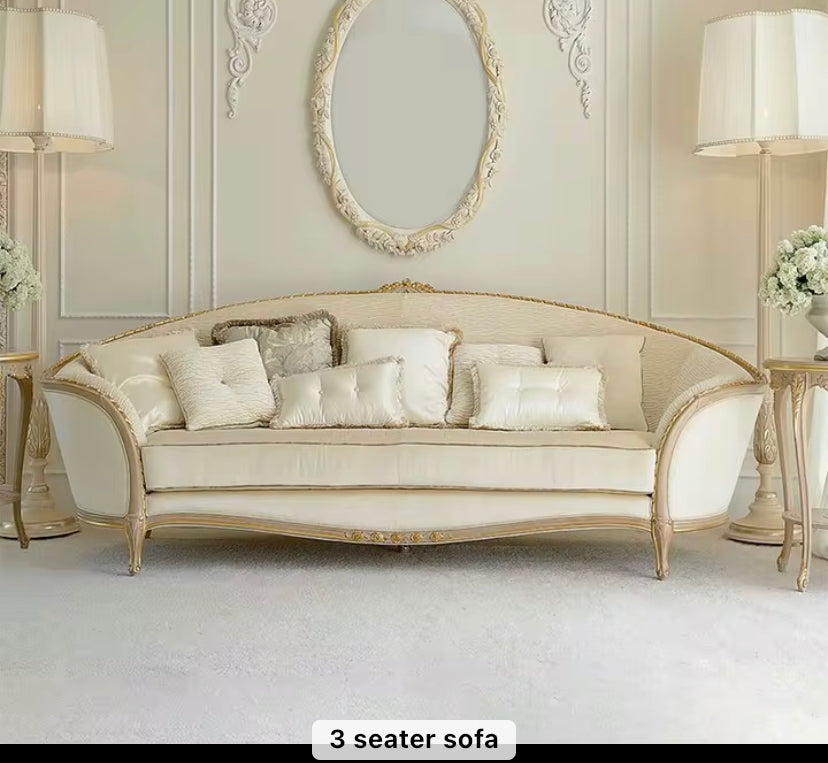 3 Seater Sofa Gold White Painted Birch French Baroque Design Solid Wood Sofas Living Room Furniture