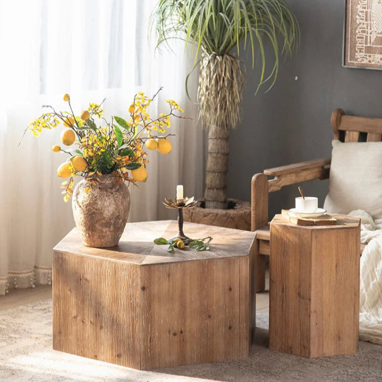 Vintage Nordic Solid Oak Nesting Coffee Table - Japanese-Style Rectangular Accent Tables