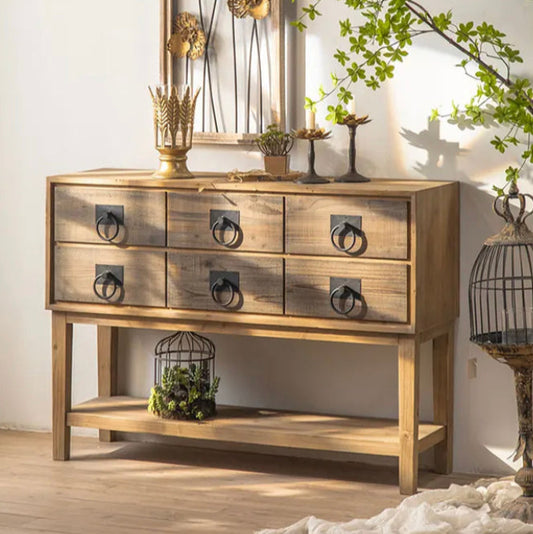 Farmhouse Antique Multi-Drawer Console Wall Table Natural Wood Home Storage Wooden Accent Cabinet