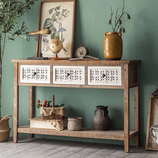 TTWO Hallway Country Console Table - Solid Wood 3-Drawer Accent Table