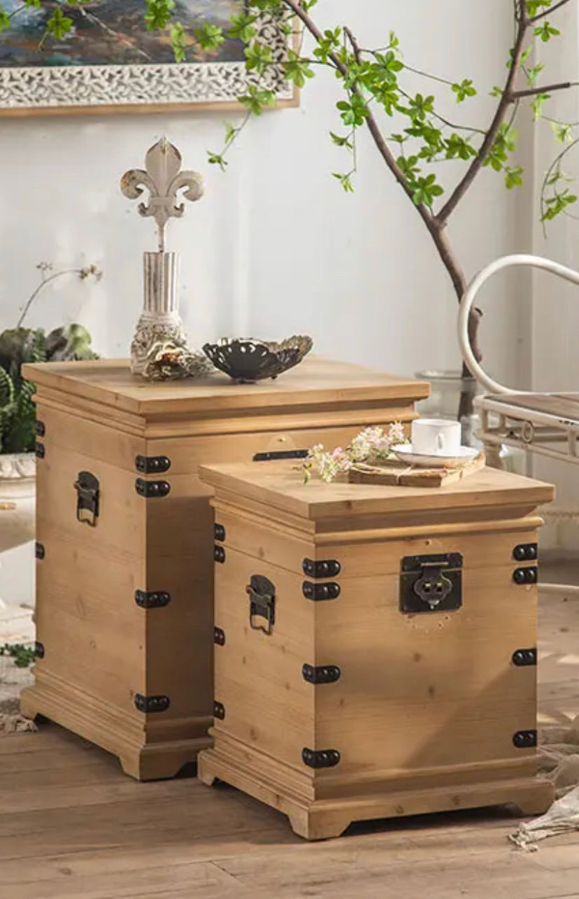 Rustic Fir Wood Nesting Accent End Table - Adjustable Low Square Tea Table