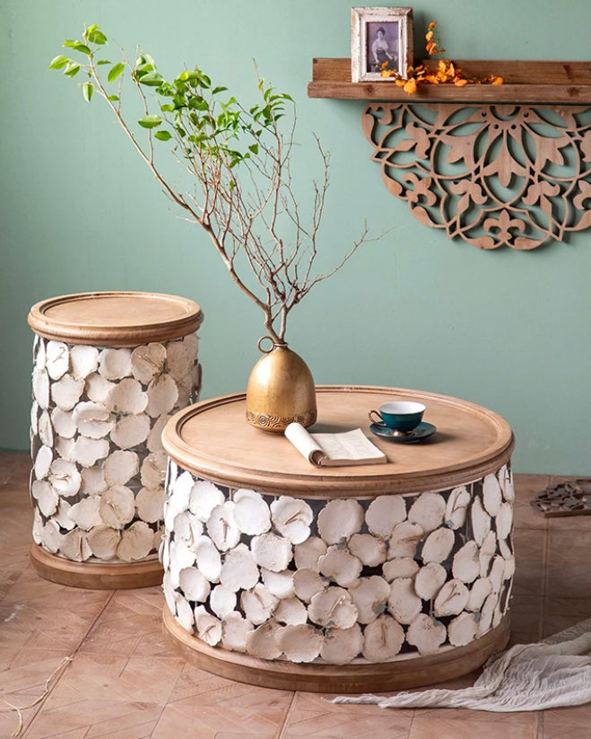 Retro Farmhouse Nesting Tea Table Set - Round Wood & Iron Accent End Tables