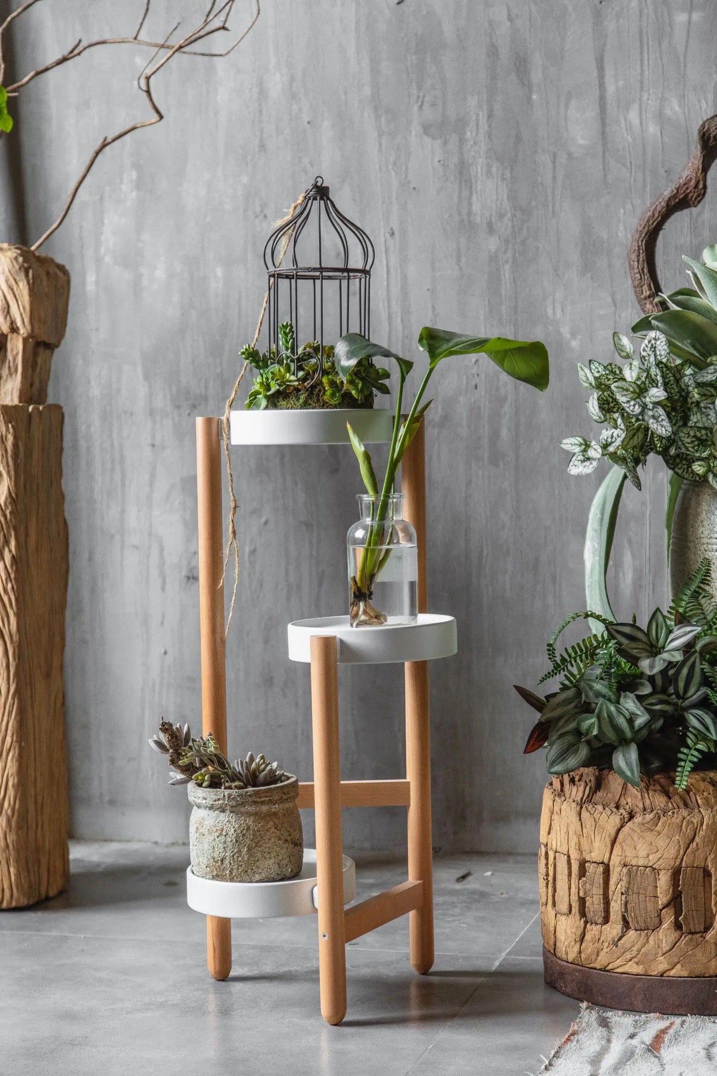 Modern Wood and Iron Art Flower Rack Shelf - Indoor Balcony Pot Holder