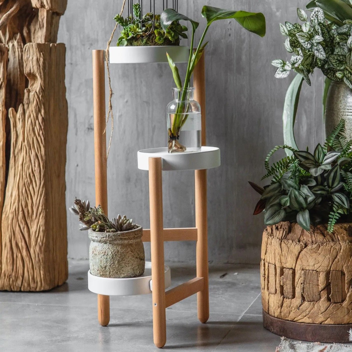 Modern Wood and Iron Art Flower Rack Shelf - Indoor Balcony Pot Holder