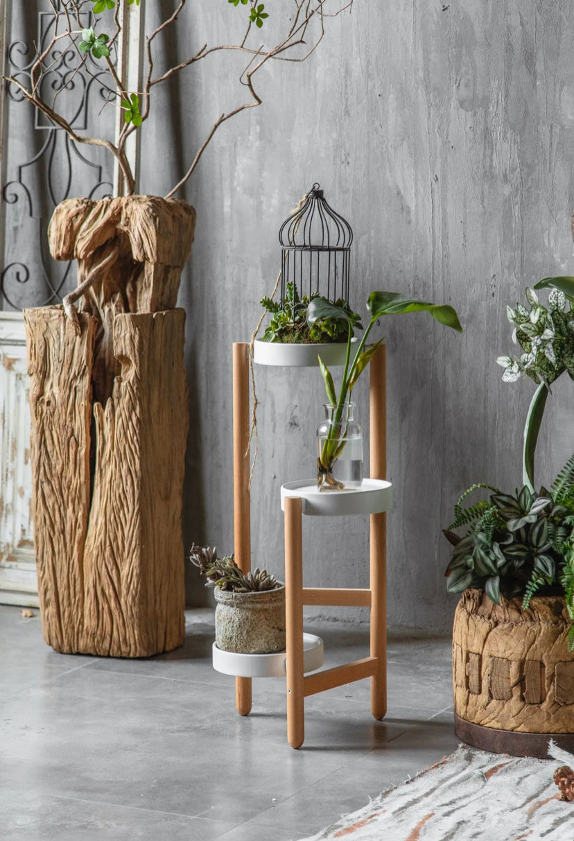 Modern Wood and Iron Art Flower Rack Shelf - Indoor Balcony Pot Holder
