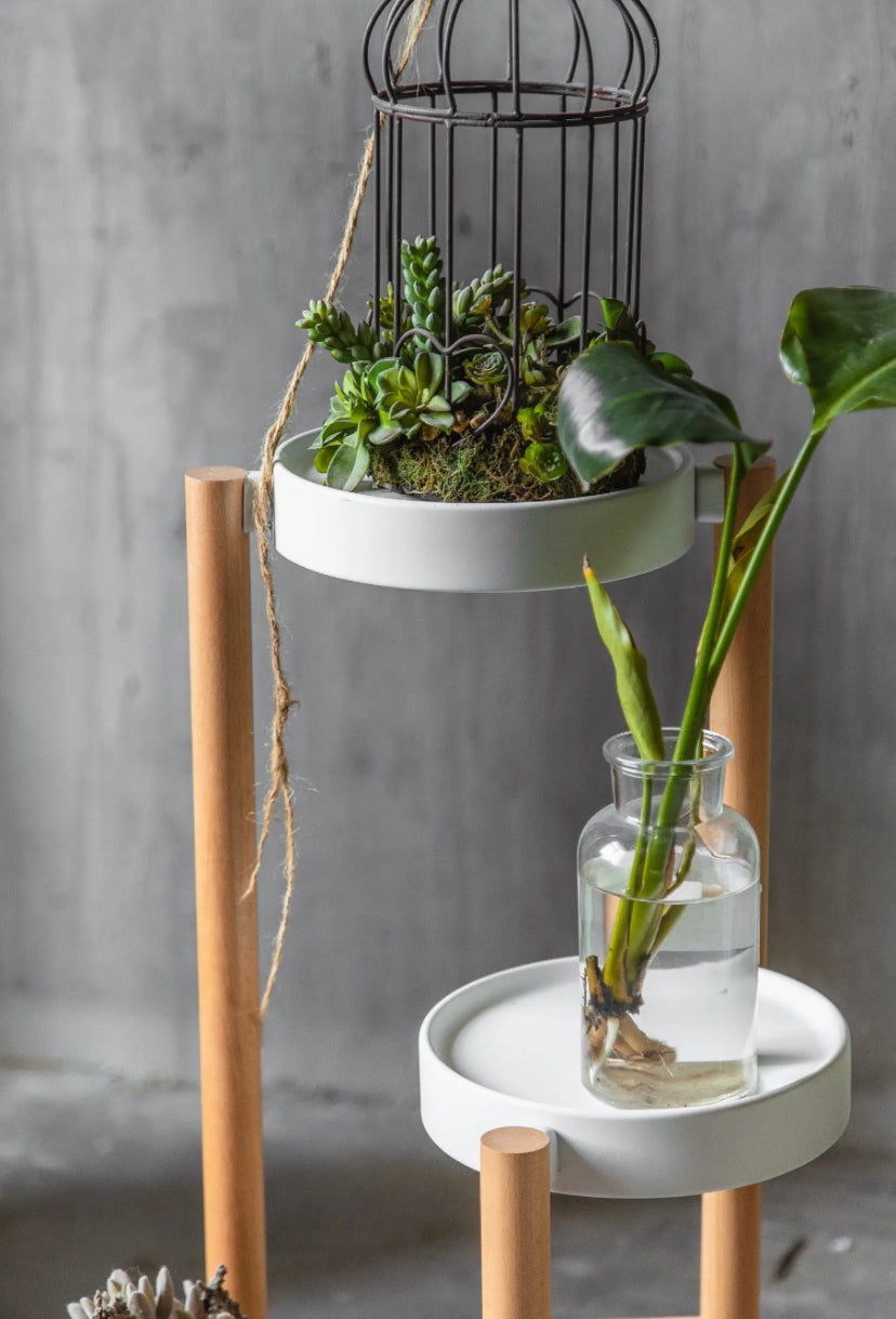 Modern Wood and Iron Art Flower Rack Shelf - Indoor Balcony Pot Holder