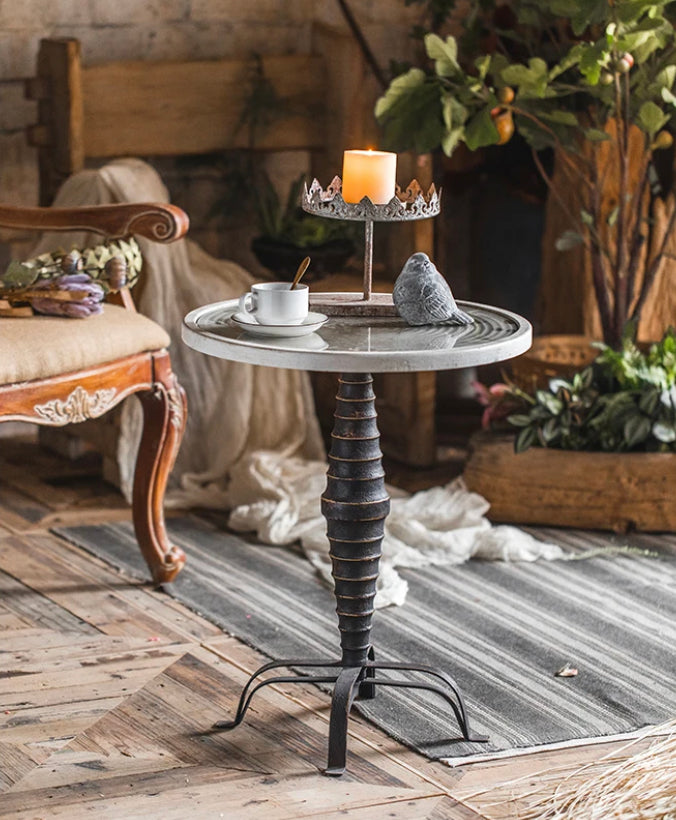 American-Style Carved Iron Round Tea Table - Adjustable Antique Accent Table