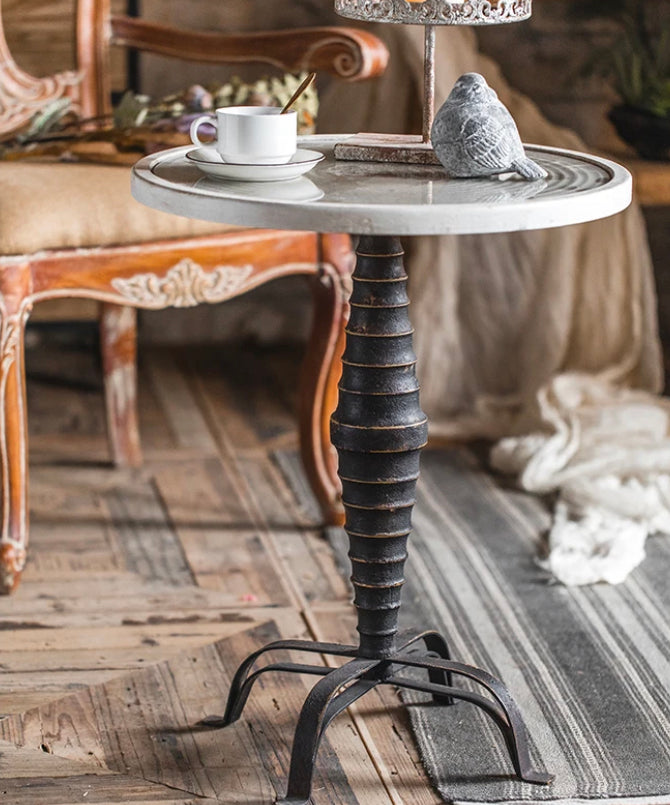 American-Style Carved Iron Round Tea Table - Adjustable Antique Accent Table