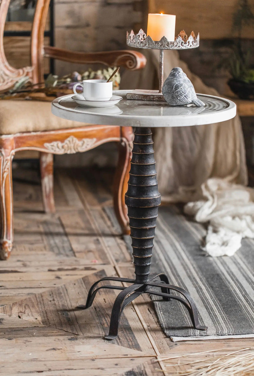 American-Style Carved Iron Round Tea Table - Adjustable Antique Accent Table