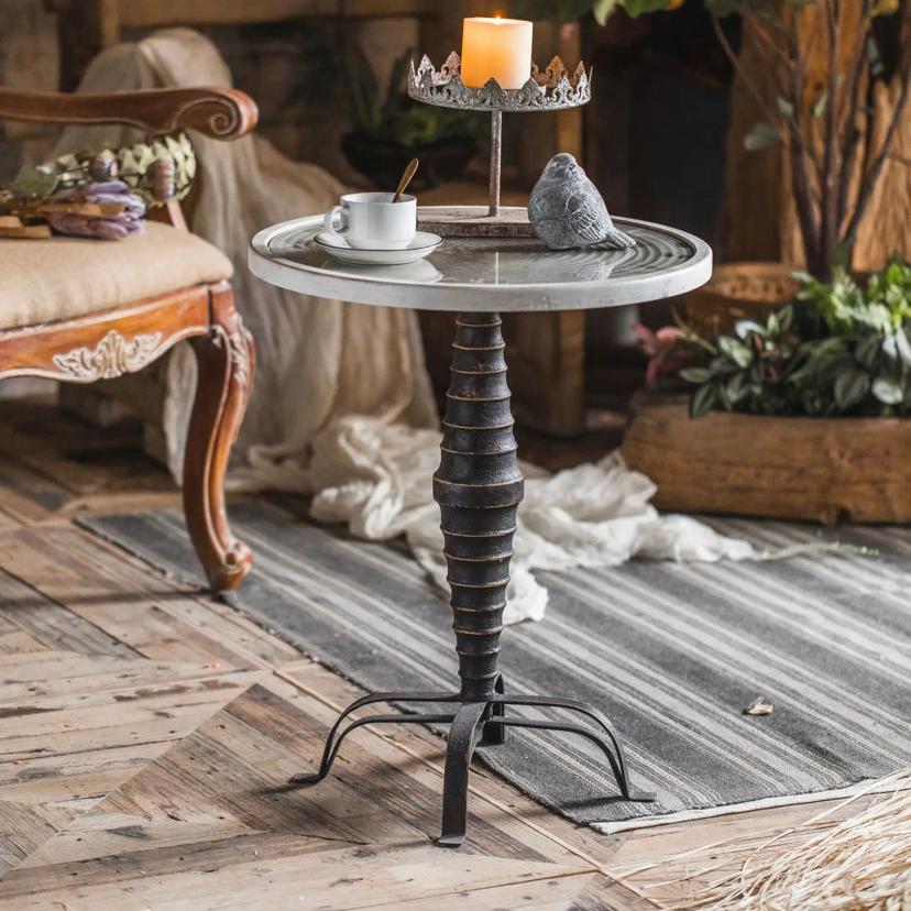 American-Style Carved Iron Round Tea Table - Adjustable Antique Accent Table