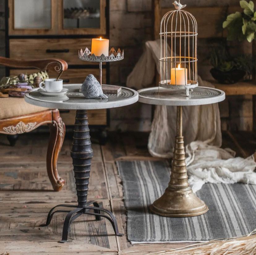 American-Style Carved Iron Round Tea Table - Adjustable Antique Accent Table