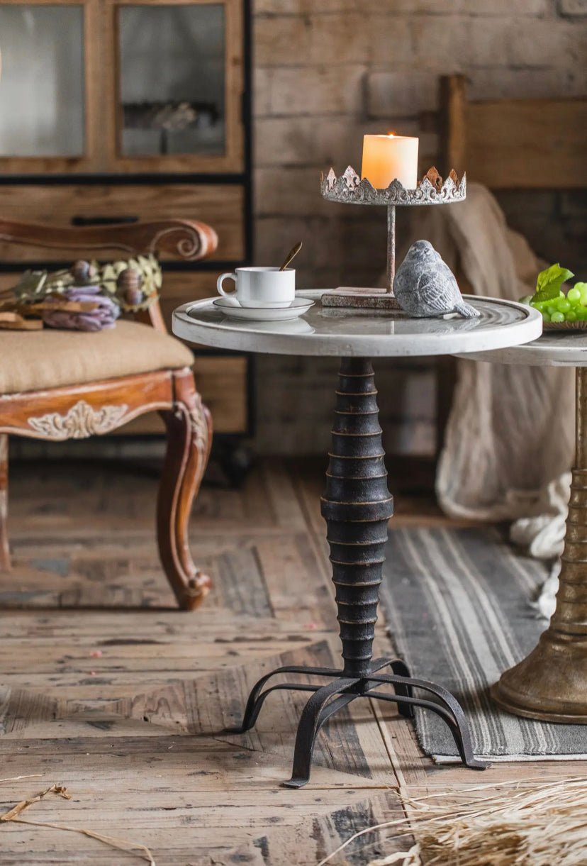 American-Style Carved Iron Round Tea Table - Adjustable Antique Accent Table