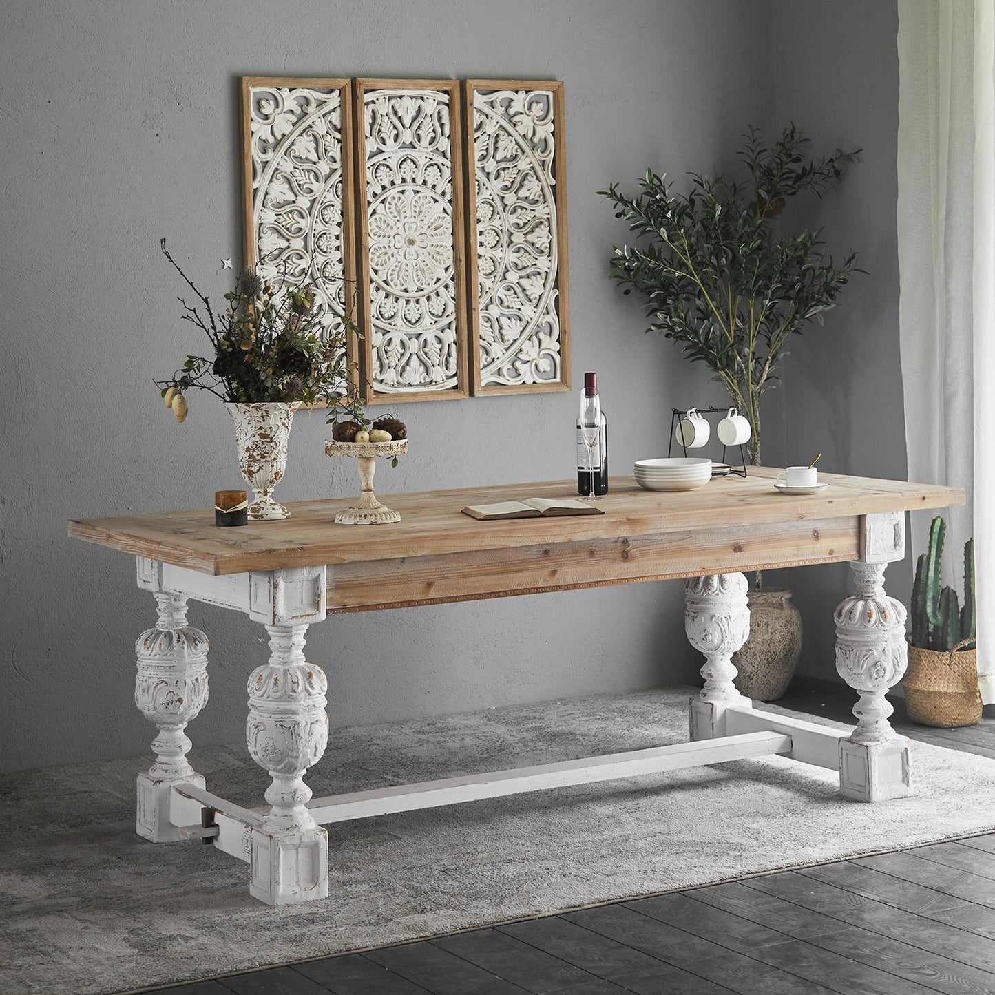 Solid Wood White Dining Table - Retro Pastoral Farmhouse Dining Table