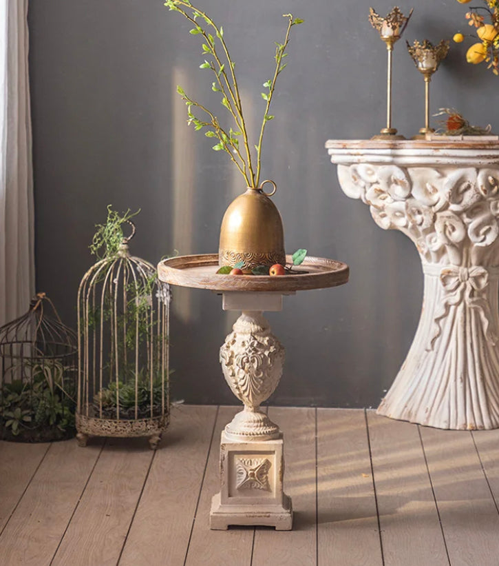 Roman Style Retro White Round Tea Table - Adjustable Wood & MgO Accent Table