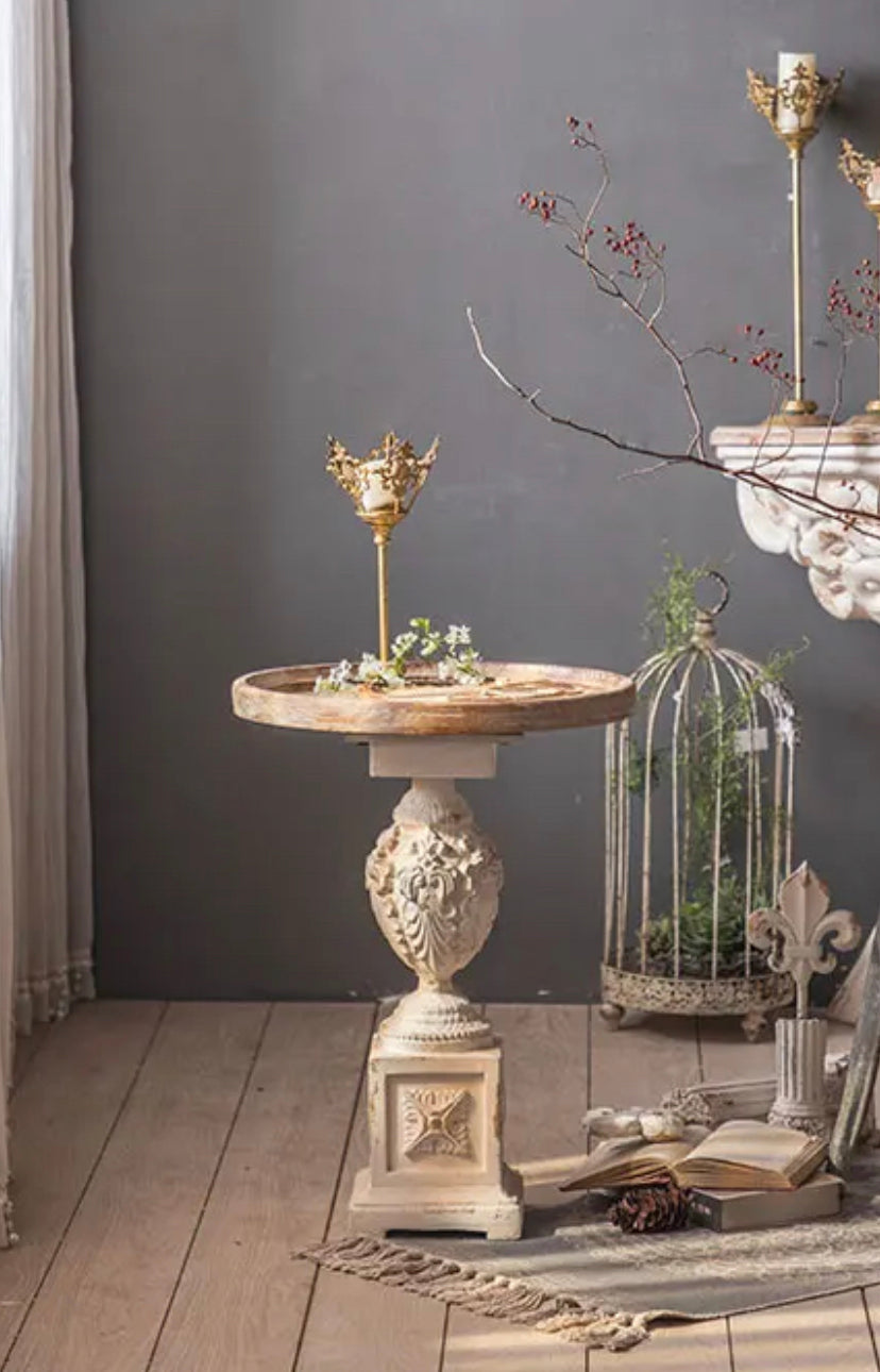 Roman Style Retro White Round Tea Table - Adjustable Wood & MgO Accent Table