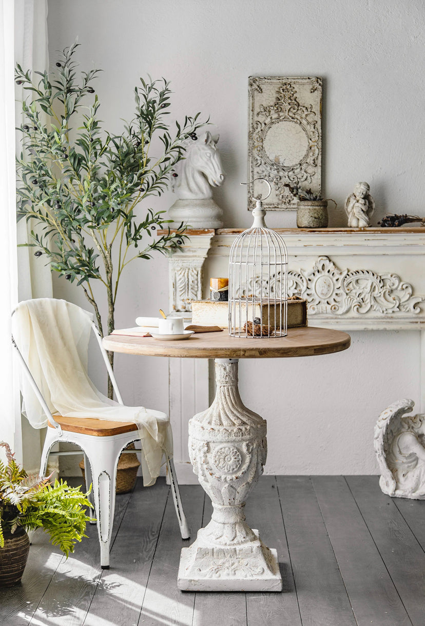 White Antique Carved Round Tea Table - Industrial Iron-Wood Accent Drink Table