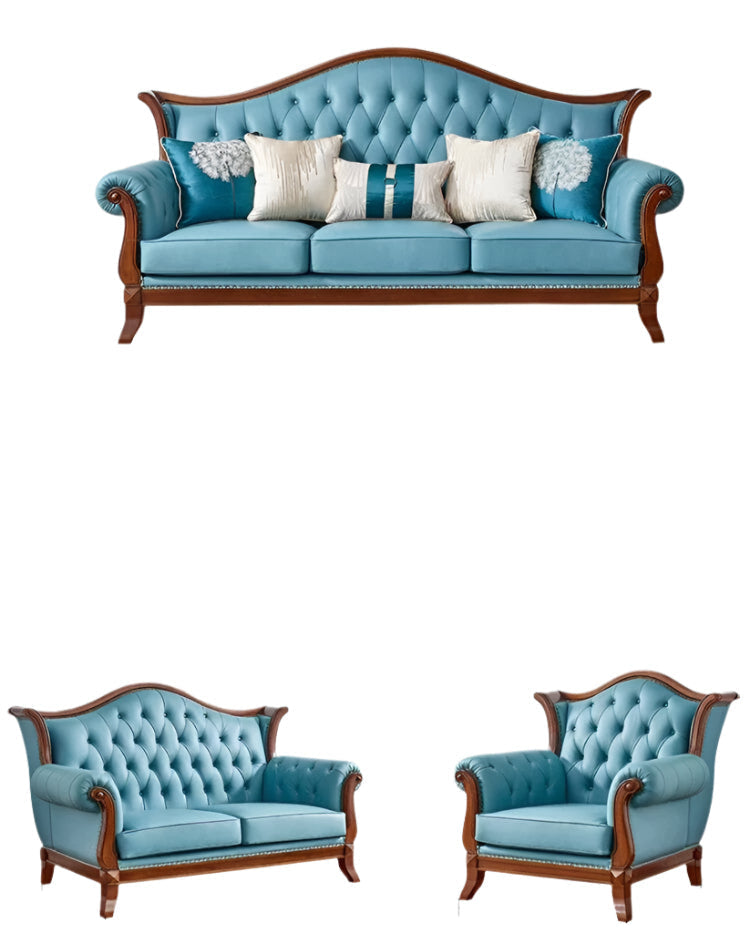 Conjunto de sofás de madera con diseño Chesterfield clásico de lujo, muebles de tela tallada, conjunto de sofás para sala de estar