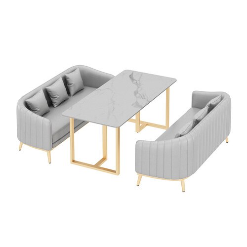 Nordic American Wood Dining Table Set with Leather Sofas - Modern Kitchen & Restaurant Furniture