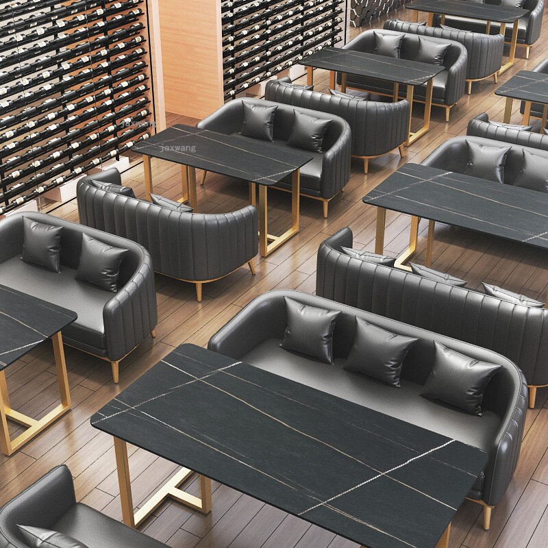 Nordic American Wood Dining Table Set with Leather Sofas - Modern Kitchen & Restaurant Furniture