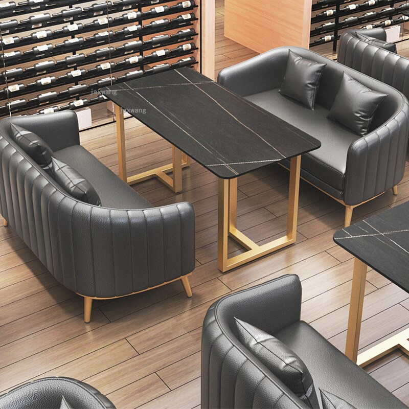 Nordic American Wood Dining Table Set with Leather Sofas - Modern Kitchen & Restaurant Furniture