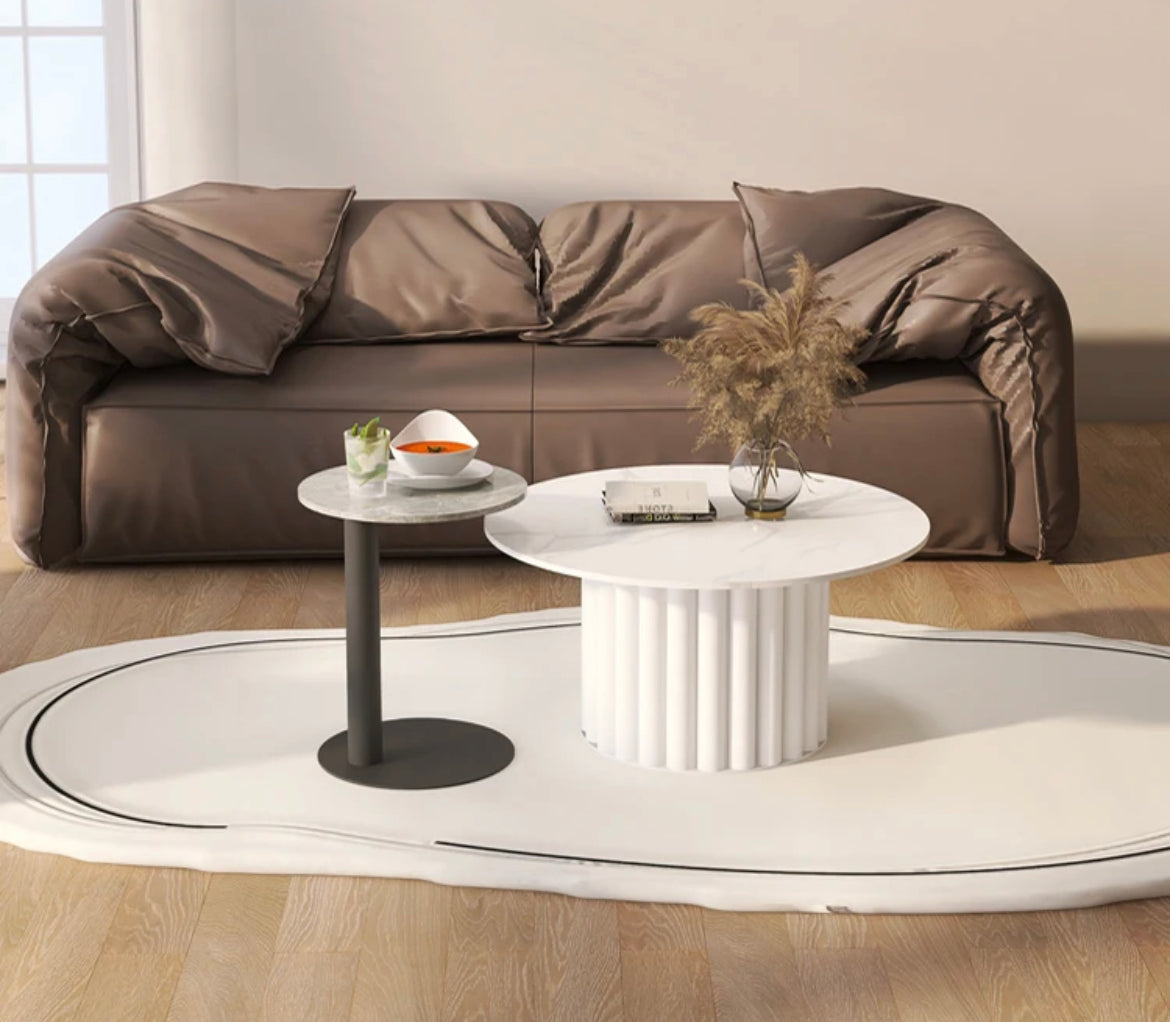 Modern Slate & Wood Nesting Coffee Table - Round Marble-Top Accent End Table