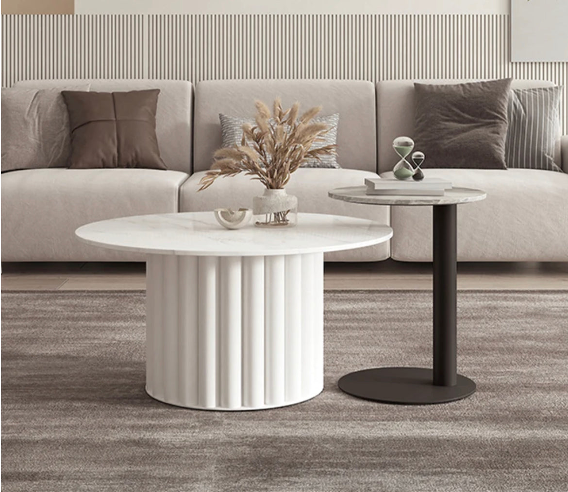 Modern Slate & Wood Nesting Coffee Table - Round Marble-Top Accent End Table