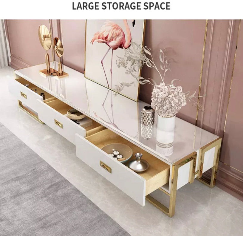 TV Lowboards Modern Luxury Fernsehtisch Tempered Glass Surface And Stainless Steel Titanium TV Cabinet
