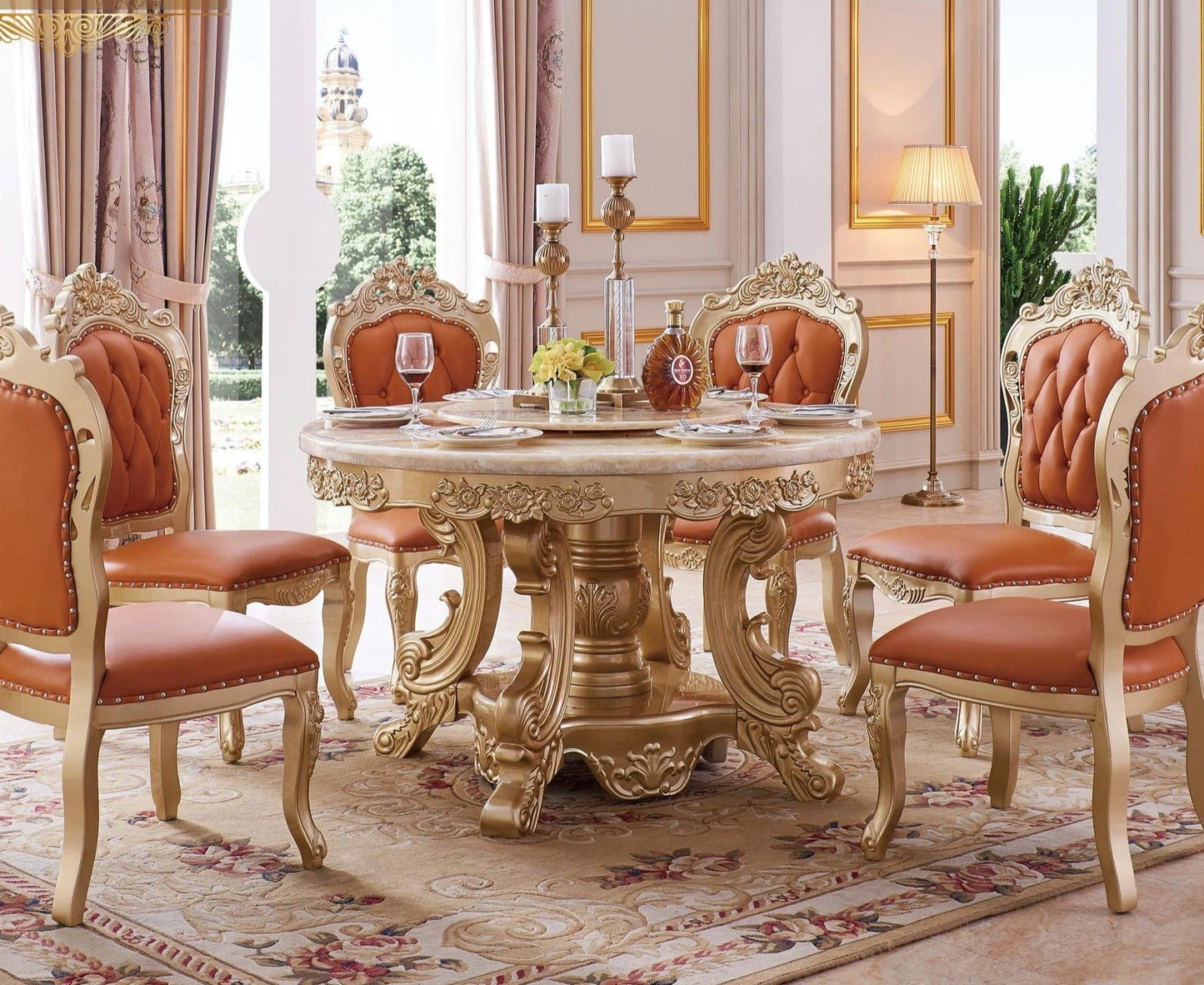 Dining Room Table Set Golden Foil Hand Carved Italian Baroque Design Furniture
