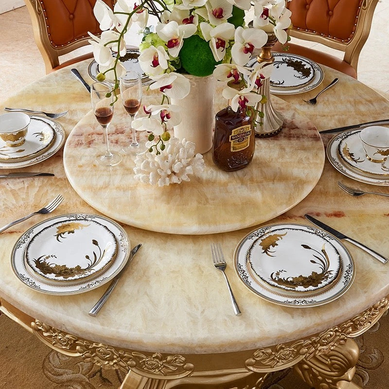 Baroque Style Golden Foil Round Dining Table Set - Hand-Carved Italian Luxury