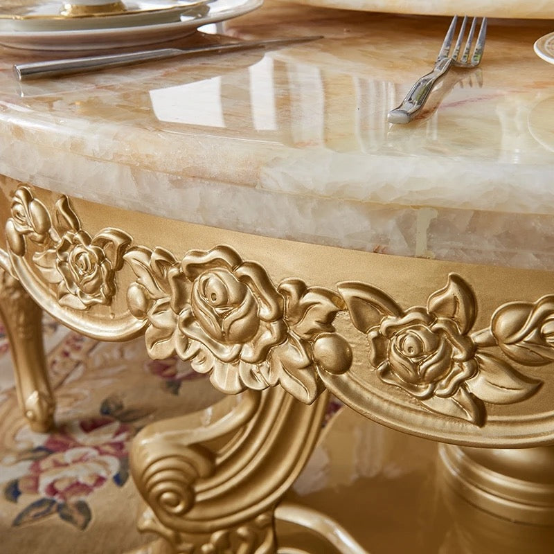 Dining Room Table Set Golden Foil Hand Carved Italian Baroque Design Furniture